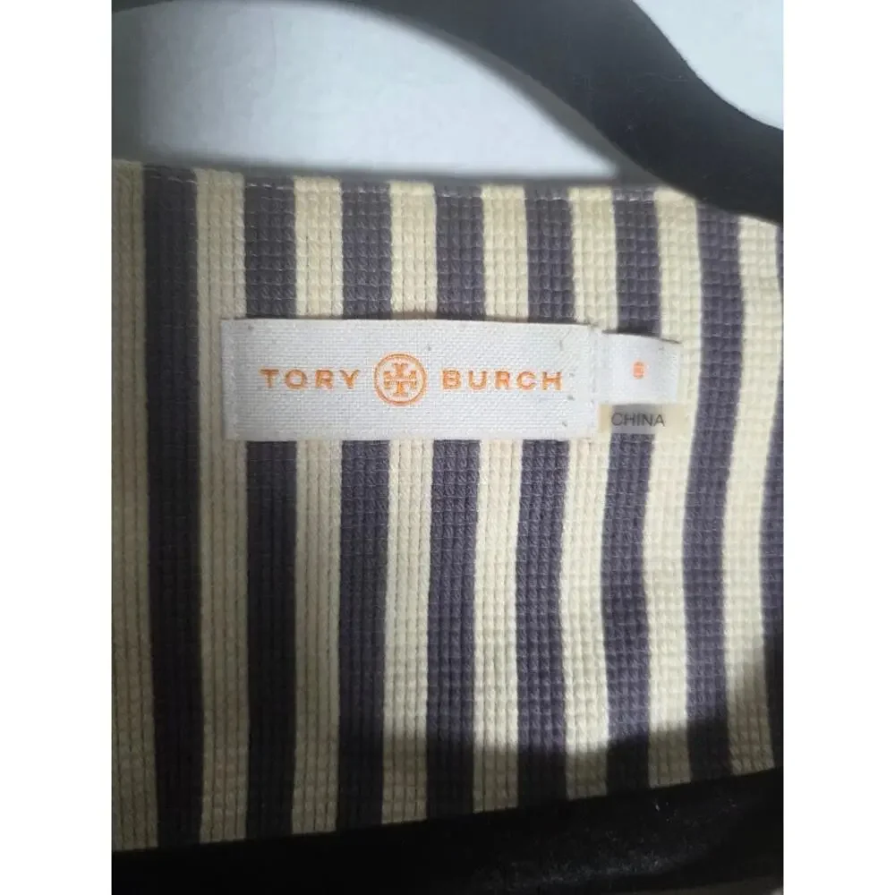 Tory Burch Rene Grey & Cream Stripped Cotton/Silk Zipper Jacket Blazer size 8
